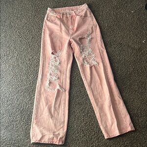 SHEIN Pink Straight Leg Distressed Jeans